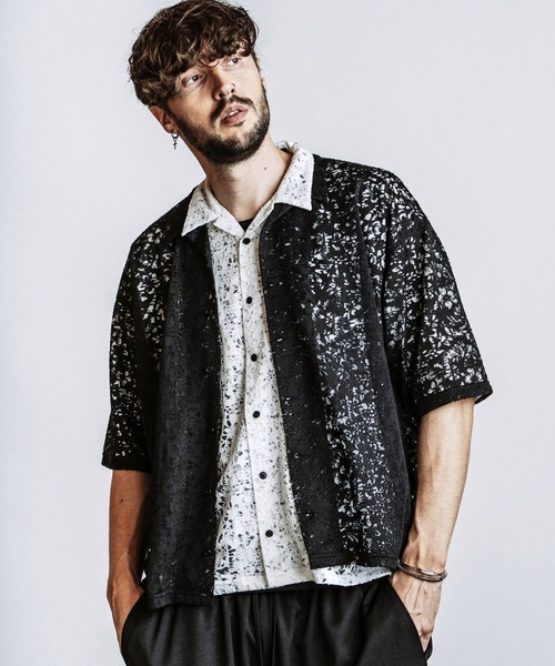 NO ID.（ノーアイディ）の「【NO ID.】Sheer Open Collar BIG Shirt / シアー オープンカラー ビッグ シャツ（シャツ/ブラウス・メンズ・ブラック/ホワイト・ONE SIZE）」の12枚目の写真