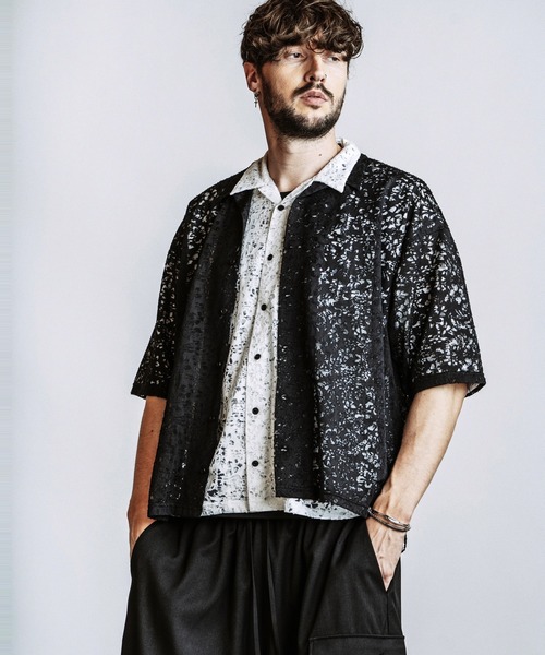 NO ID.（ノーアイディ）の「【NO ID.】Sheer Open Collar BIG Shirt / シアー オープンカラー ビッグ シャツ（シャツ/ブラウス・メンズ・ブラック/ホワイト・ONE SIZE）」の17枚目の写真