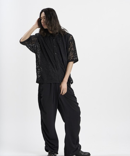 NO ID.（ノーアイディ）の「【NO ID.】Sheer Open Collar BIG Shirt / シアー オープンカラー ビッグ シャツ（シャツ/ブラウス・メンズ・ブラック/ホワイト・ONE SIZE）」の3枚目の写真