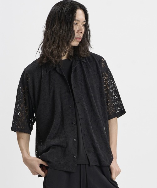 NO ID.（ノーアイディ）の「【NO ID.】Sheer Open Collar BIG Shirt / シアー オープンカラー ビッグ シャツ（シャツ/ブラウス・メンズ・ブラック/ホワイト・ONE SIZE）」の9枚目の写真