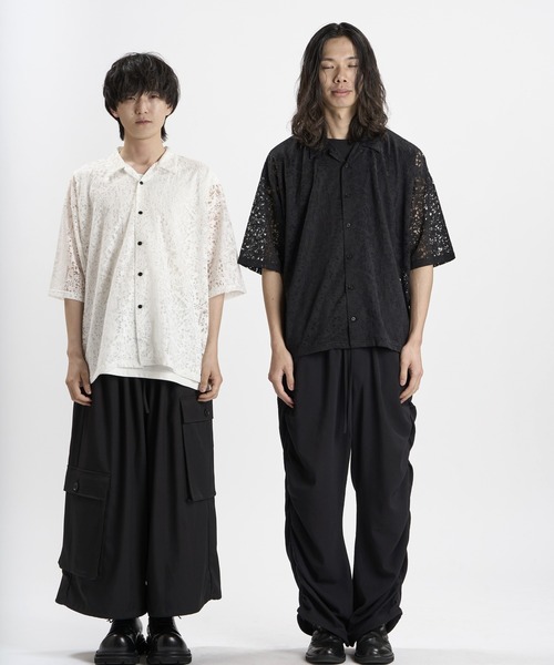 NO ID.（ノーアイディ）の「【NO ID.】Sheer Open Collar BIG Shirt / シアー オープンカラー ビッグ シャツ（シャツ/ブラウス・メンズ・ブラック/ホワイト・ONE SIZE）」の10枚目の写真