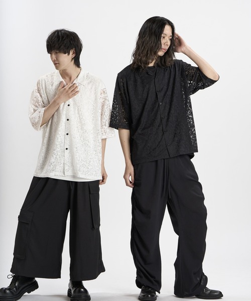 NO ID.（ノーアイディ）の「【NO ID.】Sheer Open Collar BIG Shirt / シアー オープンカラー ビッグ シャツ（シャツ/ブラウス・メンズ・ブラック/ホワイト・ONE SIZE）」の11枚目の写真