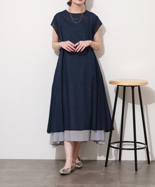 BRODIAEA（ブローディア）の「BRODIAEA 配色フレアコットンワンピース ノースリーブ（ワンピース・レディース・ネイビー/ピンク/ライム/ブルー・40）」の3枚目の写真