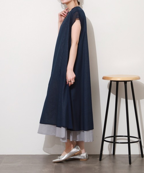 BRODIAEA（ブローディア）の「BRODIAEA 配色フレアコットンワンピース ノースリーブ（ワンピース・レディース・ネイビー/ピンク/ライム/ブルー・40）」の14枚目の写真