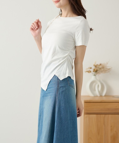 DAYRA(デイラ)の「シャーリング サイドリボン 半袖 カットソー トップス(Tシャツ/カットソー・レディース・グレー/ブラック/ホワイト・FREE)」の12枚目の写真