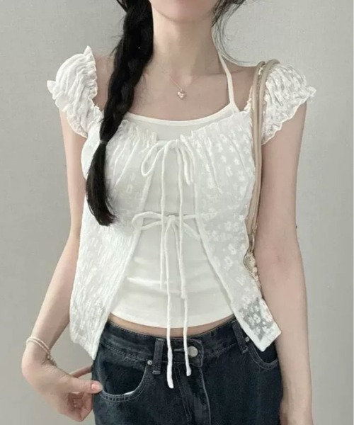 kirakiraShop(キラキラショップ)の「フェイク レイヤード 花柄レース ギャザー トップス ノースリーブ(Tシャツ/カットソー・レディース・ライトイエロー/ホワイト/ブルー・FREE)」の9枚目の写真
