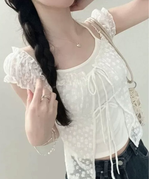 kirakiraShop(キラキラショップ)の「フェイク レイヤード 花柄レース ギャザー トップス ノースリーブ(Tシャツ/カットソー・レディース・ライトイエロー/ホワイト/ブルー・FREE)」の10枚目の写真