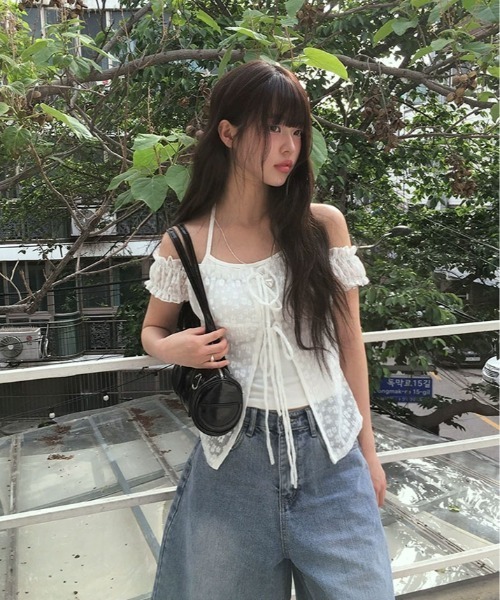 kirakiraShop(キラキラショップ)の「フェイク レイヤード 花柄レース ギャザー トップス ノースリーブ(Tシャツ/カットソー・レディース・ライトイエロー/ホワイト/ブルー・FREE)」の14枚目の写真