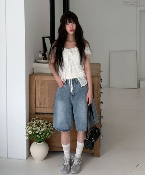 kirakiraShop(キラキラショップ)の「フェイク レイヤード 花柄レース ギャザー トップス ノースリーブ(Tシャツ/カットソー・レディース・ライトイエロー/ホワイト/ブルー・FREE)」の15枚目の写真