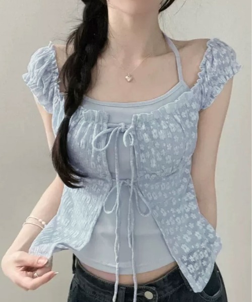 kirakiraShop(キラキラショップ)の「フェイク レイヤード 花柄レース ギャザー トップス ノースリーブ(Tシャツ/カットソー・レディース・ライトイエロー/ホワイト/ブルー・FREE)」の16枚目の写真