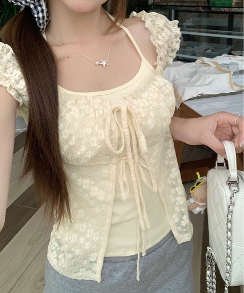 kirakiraShop(キラキラショップ)の「フェイク レイヤード 花柄レース ギャザー トップス ノースリーブ(Tシャツ/カットソー・レディース・ライトイエロー/ホワイト/ブルー・FREE)」の18枚目の写真