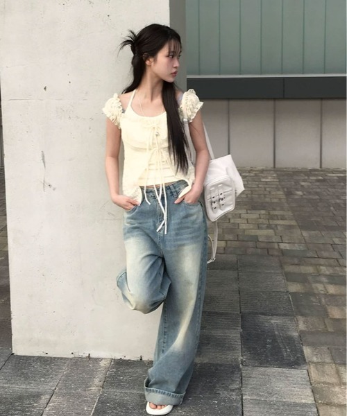 kirakiraShop(キラキラショップ)の「フェイク レイヤード 花柄レース ギャザー トップス ノースリーブ(Tシャツ/カットソー・レディース・ライトイエロー/ホワイト/ブルー・FREE)」の6枚目の写真