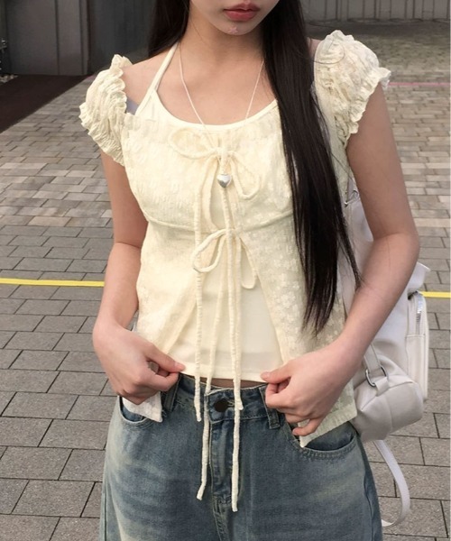 kirakiraShop(キラキラショップ)の「フェイク レイヤード 花柄レース ギャザー トップス ノースリーブ(Tシャツ/カットソー・レディース・ライトイエロー/ホワイト/ブルー・FREE)」の7枚目の写真