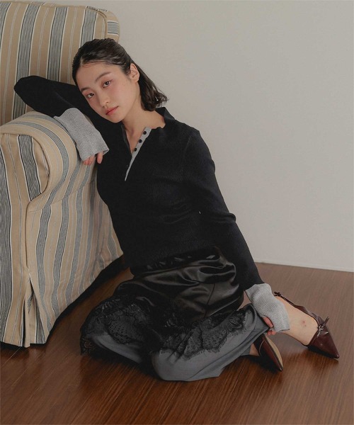 miette(ミエット)の「ヘンリーネック配色フィンガーリブニット(ニット/セーター・レディース・チャコール/ブラウン/ブラック/ライトグレー・FREE)」の9枚目の写真