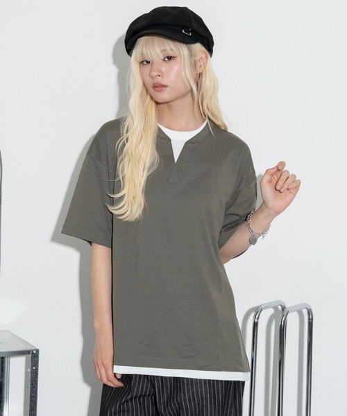 WEGO（ウィゴー）の「WEGO/キーネックフェイクレイヤードT（Tシャツ/カットソー・メンズ・ブラック/その他1/カーキ/ブラック系その他5・LARGE/MEDIUM）」の6枚目の写真