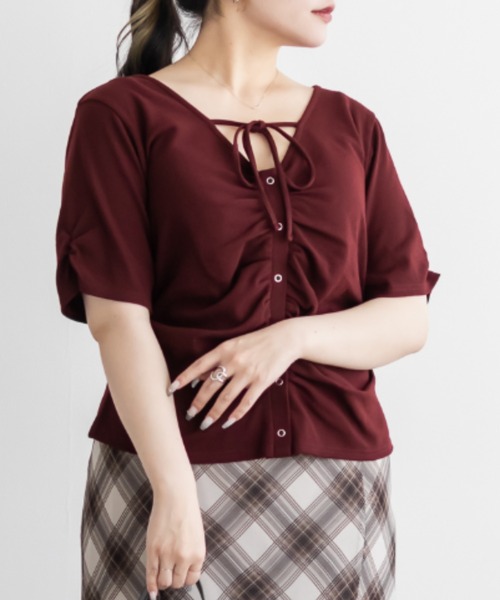 CLETTE(クレット)の「CLETTEオリジナルネックリボンフロントボタンカットソー(Tシャツ/カットソー・レディース・ネイビー/オフホワイト/ワイン・LL/3L/4L)」の10枚目の写真