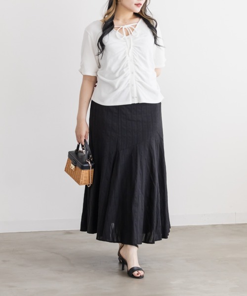 CLETTE(クレット)の「CLETTEオリジナルネックリボンフロントボタンカットソー(Tシャツ/カットソー・レディース・ネイビー/オフホワイト/ワイン・LL/3L/4L)」の5枚目の写真