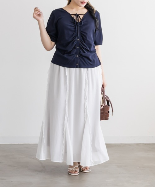 CLETTE(クレット)の「CLETTEオリジナルネックリボンフロントボタンカットソー(Tシャツ/カットソー・レディース・ネイビー/オフホワイト/ワイン・LL/3L/4L)」の8枚目の写真