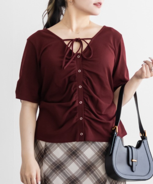 CLETTE(クレット)の「CLETTEオリジナルネックリボンフロントボタンカットソー(Tシャツ/カットソー・レディース・ネイビー/オフホワイト/ワイン・LL/3L/4L)」の11枚目の写真