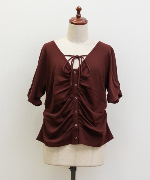 CLETTE(クレット)の「CLETTEオリジナルネックリボンフロントボタンカットソー(Tシャツ/カットソー・レディース・ネイビー/オフホワイト/ワイン・LL/3L/4L)」の14枚目の写真