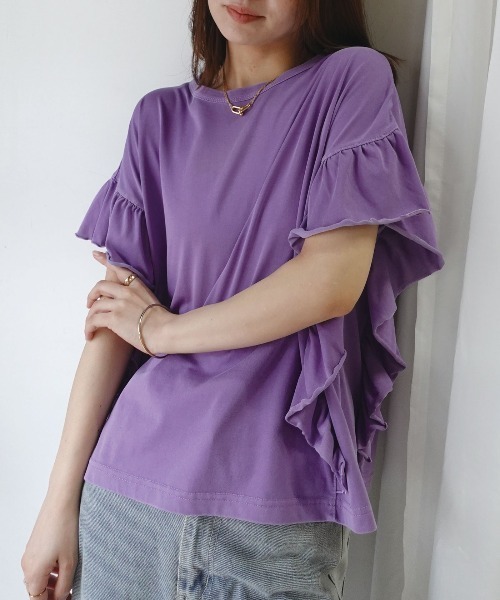 CORNERS(コーナーズ)の「ドライタッチピグメント加工ラッフルスリーブTシャツ(Tシャツ/カットソー・レディース・ブルー/パープル/グレイッシュベージュ/ピンク/チャコールグレー/ミント・FREE)」の5枚目の写真