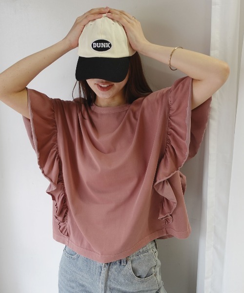 CORNERS(コーナーズ)の「ドライタッチピグメント加工ラッフルスリーブTシャツ(Tシャツ/カットソー・レディース・ブルー/パープル/グレイッシュベージュ/ピンク/チャコールグレー/ミント・FREE)」の6枚目の写真