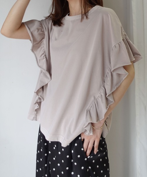 CORNERS(コーナーズ)の「ドライタッチピグメント加工ラッフルスリーブTシャツ(Tシャツ/カットソー・レディース・ブルー/パープル/グレイッシュベージュ/ピンク/チャコールグレー/ミント・FREE)」の3枚目の写真
