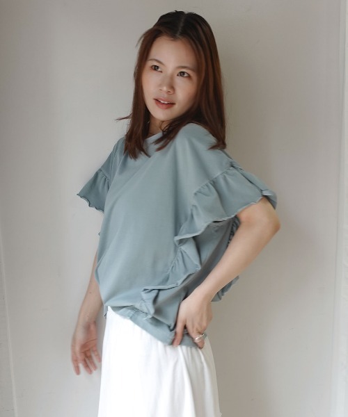 CORNERS(コーナーズ)の「ドライタッチピグメント加工ラッフルスリーブTシャツ(Tシャツ/カットソー・レディース・ブルー/パープル/グレイッシュベージュ/ピンク/チャコールグレー/ミント・FREE)」の4枚目の写真