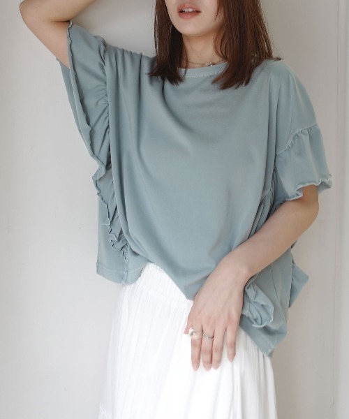 CORNERS(コーナーズ)の「ドライタッチピグメント加工ラッフルスリーブTシャツ(Tシャツ/カットソー・レディース・ブルー/パープル/グレイッシュベージュ/ピンク/チャコールグレー/ミント・FREE)」の13枚目の写真