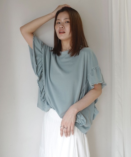 CORNERS(コーナーズ)の「ドライタッチピグメント加工ラッフルスリーブTシャツ(Tシャツ/カットソー・レディース・ブルー/パープル/グレイッシュベージュ/ピンク/チャコールグレー/ミント・FREE)」の12枚目の写真