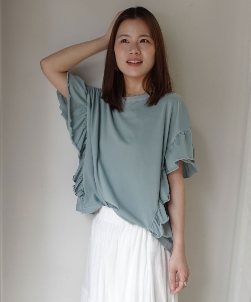 CORNERS(コーナーズ)の「ドライタッチピグメント加工ラッフルスリーブTシャツ(Tシャツ/カットソー・レディース・ブルー/パープル/グレイッシュベージュ/ピンク/チャコールグレー/ミント・FREE)」の11枚目の写真