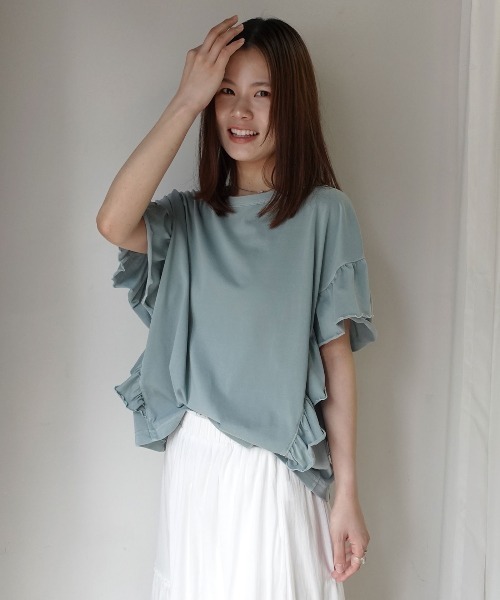 CORNERS(コーナーズ)の「ドライタッチピグメント加工ラッフルスリーブTシャツ(Tシャツ/カットソー・レディース・ブルー/パープル/グレイッシュベージュ/ピンク/チャコールグレー/ミント・FREE)」の10枚目の写真