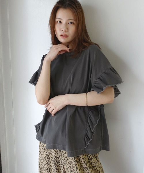 CORNERS(コーナーズ)の「ドライタッチピグメント加工ラッフルスリーブTシャツ(Tシャツ/カットソー・レディース・ブルー/パープル/グレイッシュベージュ/ピンク/チャコールグレー/ミント・FREE)」の8枚目の写真