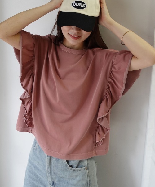 CORNERS(コーナーズ)の「ドライタッチピグメント加工ラッフルスリーブTシャツ(Tシャツ/カットソー・レディース・ブルー/パープル/グレイッシュベージュ/ピンク/チャコールグレー/ミント・FREE)」の22枚目の写真