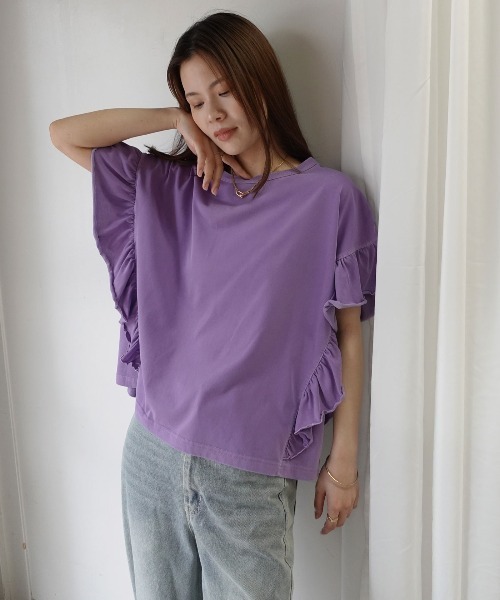 CORNERS(コーナーズ)の「ドライタッチピグメント加工ラッフルスリーブTシャツ(Tシャツ/カットソー・レディース・ブルー/パープル/グレイッシュベージュ/ピンク/チャコールグレー/ミント・FREE)」の20枚目の写真