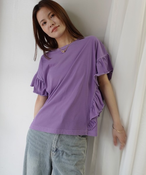 CORNERS(コーナーズ)の「ドライタッチピグメント加工ラッフルスリーブTシャツ(Tシャツ/カットソー・レディース・ブルー/パープル/グレイッシュベージュ/ピンク/チャコールグレー/ミント・FREE)」の19枚目の写真