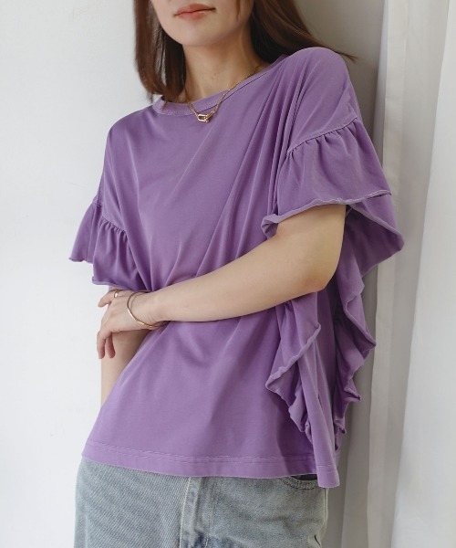 CORNERS(コーナーズ)の「ドライタッチピグメント加工ラッフルスリーブTシャツ(Tシャツ/カットソー・レディース・ブルー/パープル/グレイッシュベージュ/ピンク/チャコールグレー/ミント・FREE)」の18枚目の写真