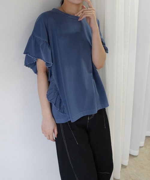 CORNERS(コーナーズ)の「ドライタッチピグメント加工ラッフルスリーブTシャツ(Tシャツ/カットソー・レディース・ブルー/パープル/グレイッシュベージュ/ピンク/チャコールグレー/ミント・FREE)」の17枚目の写真