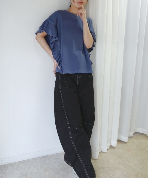 CORNERS(コーナーズ)の「ドライタッチピグメント加工ラッフルスリーブTシャツ(Tシャツ/カットソー・レディース・ブルー/パープル/グレイッシュベージュ/ピンク/チャコールグレー/ミント・FREE)」の16枚目の写真