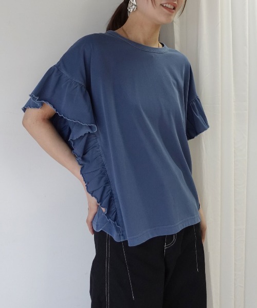 CORNERS(コーナーズ)の「ドライタッチピグメント加工ラッフルスリーブTシャツ(Tシャツ/カットソー・レディース・ブルー/パープル/グレイッシュベージュ/ピンク/チャコールグレー/ミント・FREE)」の15枚目の写真