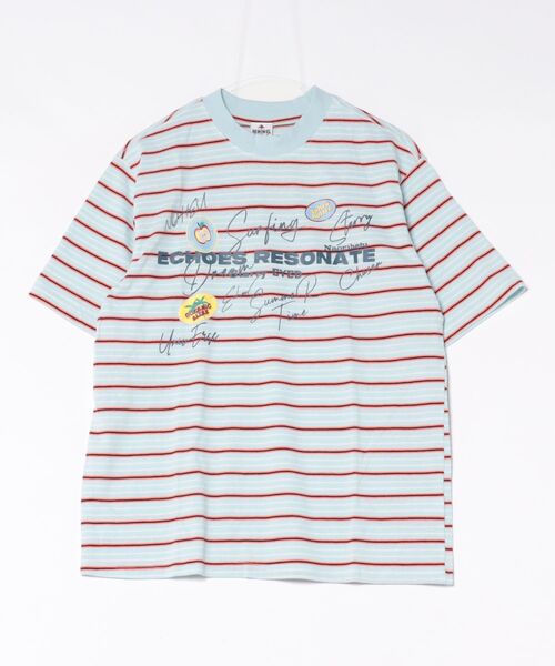 HOOK（フック）の「HOOK　文字プリント マルチボーダー ビッグシルエットT (SS)（Tシャツ/カットソー・メンズ・ブルー/グレー・FREE）」の7枚目の写真