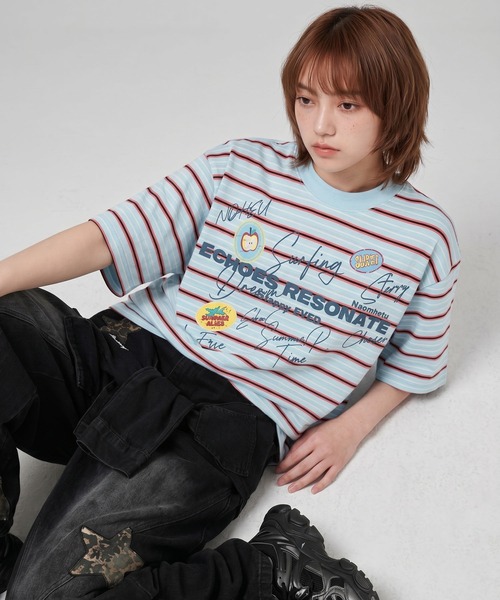 HOOK（フック）の「HOOK　文字プリント マルチボーダー ビッグシルエットT (SS)（Tシャツ/カットソー・メンズ・ブルー/グレー・FREE）」の19枚目の写真