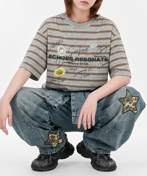 HOOK（フック）の「HOOK　文字プリント マルチボーダー ビッグシルエットT (SS)（Tシャツ/カットソー・メンズ・ブルー/グレー・FREE）」の5枚目の写真