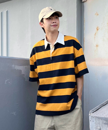 TAILOR STUDIO（テーラースタジオ）の「オックスフォードストライプポロスウェット半袖Tシャツ（マスタード/ネイビー）（ポロシャツ）」