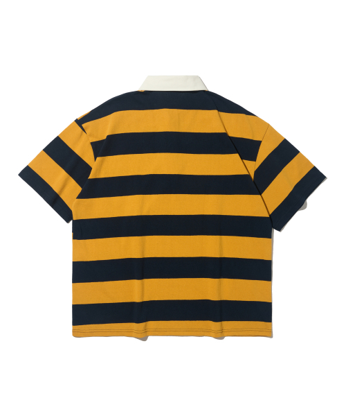 TAILOR STUDIO（テーラースタジオ）の「オックスフォードストライプポロスウェット半袖Tシャツ（マスタード/ネイビー）（ポロシャツ・レディース・その他・FREE）」の2枚目の写真