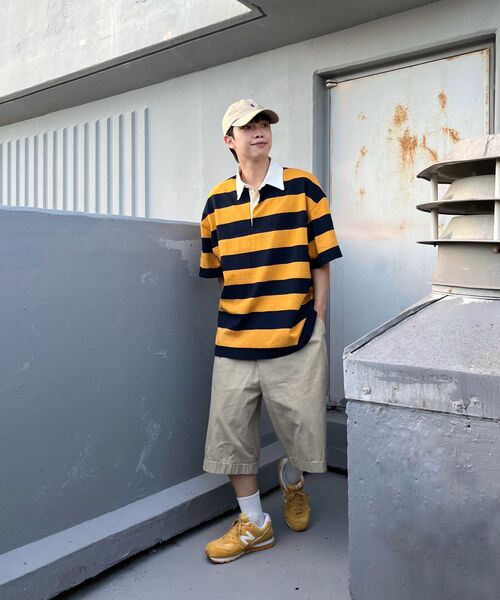 TAILOR STUDIO（テーラースタジオ）の「オックスフォードストライプポロスウェット半袖Tシャツ（マスタード/ネイビー）（ポロシャツ・レディース・その他・FREE）」の11枚目の写真