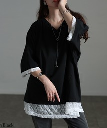 レースレイヤード風チュニックTシャツ【大きいサイズ対応】