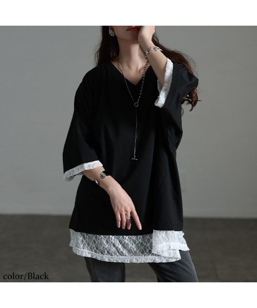 GOLDJAPAN(ゴールドジャパン)の「レースレイヤード風チュニックTシャツ【大きいサイズ対応】(チュニック・レディース・杢グレー/ブラック・LL/3L/4L/5L)」の7枚目の写真