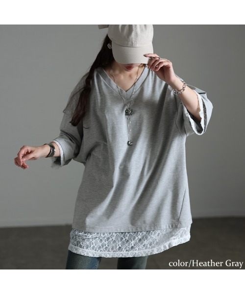 GOLDJAPAN(ゴールドジャパン)の「レースレイヤード風チュニックTシャツ【大きいサイズ対応】(チュニック・レディース・杢グレー/ブラック・LL/3L/4L/5L)」の11枚目の写真