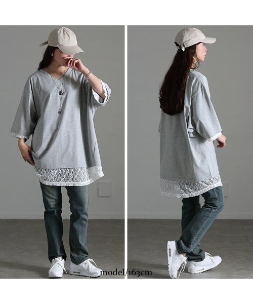 GOLDJAPAN(ゴールドジャパン)の「レースレイヤード風チュニックTシャツ【大きいサイズ対応】(チュニック・レディース・杢グレー/ブラック・LL/3L/4L/5L)」の14枚目の写真